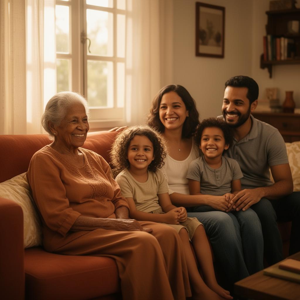 Família reunida em casa, protegida pelo Essencial Plus